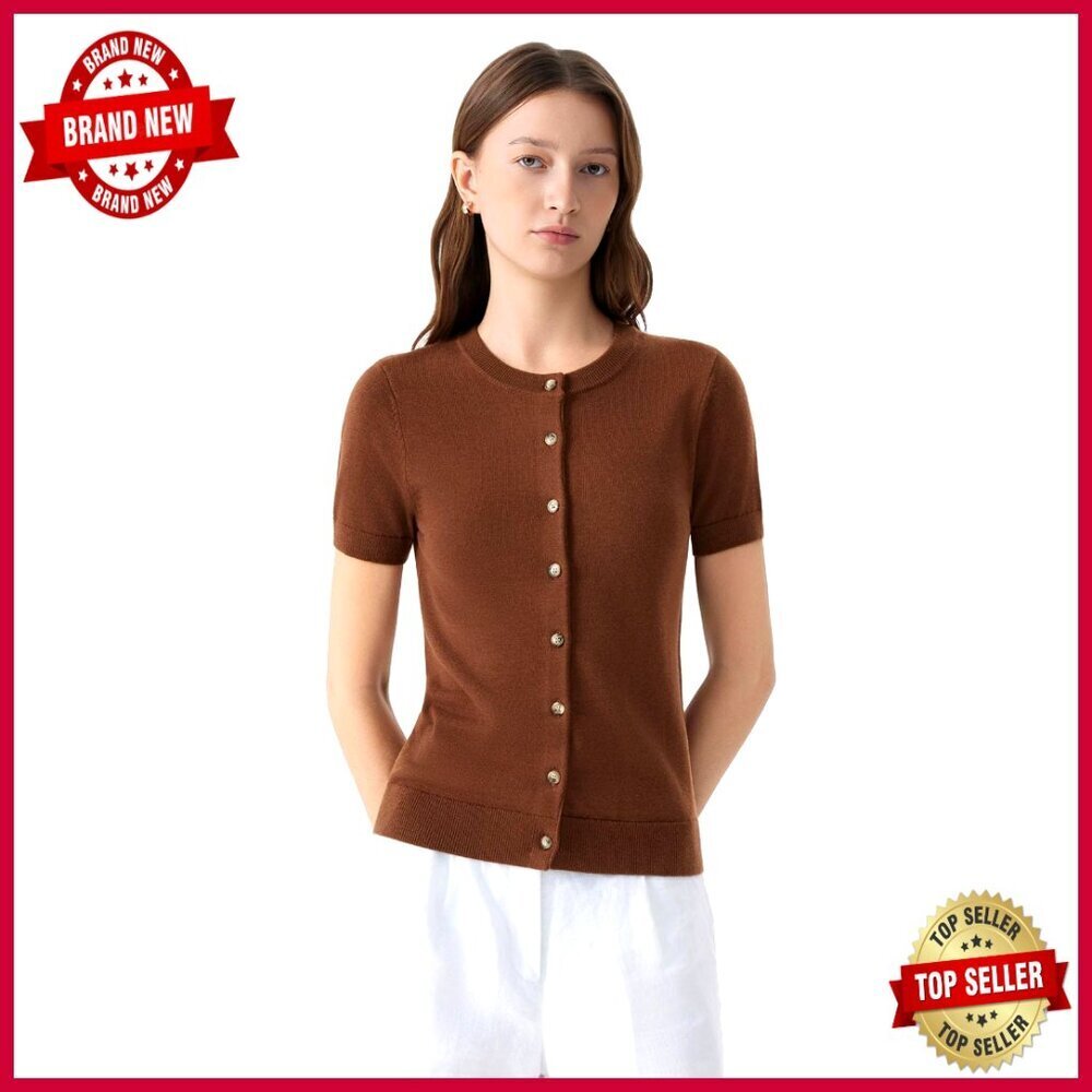 Silk Cashmere Blend Cropped Cardigan Short Sleeve Button Up Summer Sweater